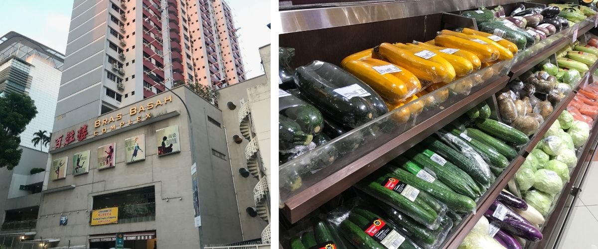 Bras Basah Complex and vegetables at NTUC FairPrice supermarket