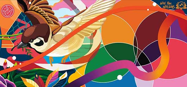 Detail from artwork featuring a sparrow biting an olive branch and a rainbow-coloured Venn diagram.