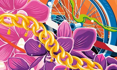 Detail from artwork featuring a gold chain, orchids and bicycle wheel.