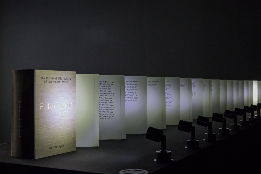  Ho Tzu Nyen, 'F for Fold (The Critical Dictionary of Southeast Asia)', 2021. Artist’s book. Installation view at 'Ho Tzu Nyen: Time & the Tiger', SAM at Tanjong Pagar Distripark, 24 Nov 2023‒3 Mar 2024. Image courtesy of Singapore Art Museum.