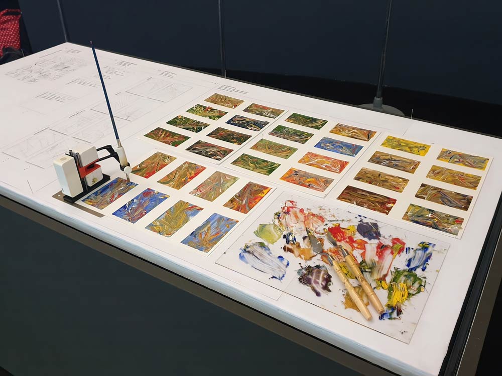 Debbie Ding. 'Paintpusher.' 2020. 32 oil paintings, 2 axis plotters. Dimensions variable. Image courtesy of the artist.