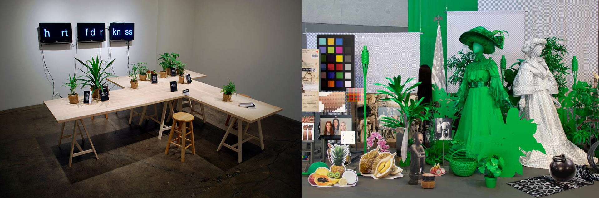 'Dodge and Burn (Visible Storage).' Stephanie Syjuco. 2019. Wooden platform, digital photos and printed vinyl on lasercut wood, chromakey fabric, printed backdrops, seamless paper, artificial plants, mixed media. | 'Phantoms (H__RT _F D_RKN_SS).' Stephanie Syjuco. 2011. Three channel video, public domain texts printed as paperback books, tropical plants, tables, stools; portable DVD player/viewer; handmade representations of illegally downloaded music albums.