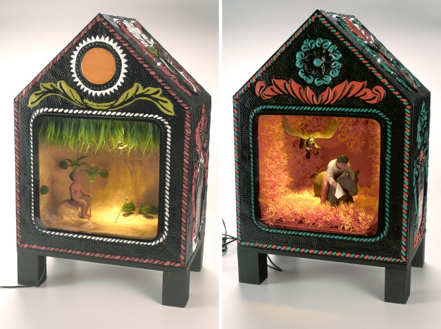 Rodel Tapaya. ‘Origin of Grain.’ 2009. Mixed media. 60 x 38 x 28 cm. Collection of Singapore Art Museum. | Rodel Tapaya. ‘Pedro and the Witch.’ 2009. Mixed media. 60 x 38 x 28 cm. Collection of Singapore Art Museum.