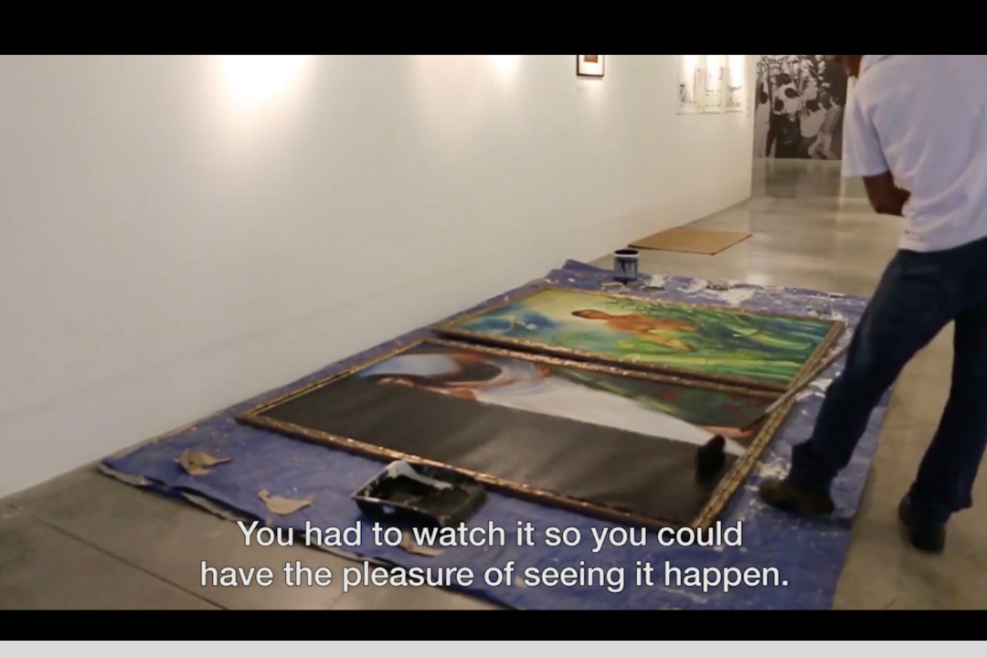 Pio Abad. ‘Imelda as Maganda & Ferdinand as Malakas, painted black after the events of 18 November 2016’ (still). 2014–2016. Black paint on digitally printed canvas and faux gold bamboo frame; framed giclee print on Hahnemuhle Baryta paper and video. Collection of Singapore Art Museum. Image courtesy of the artist.