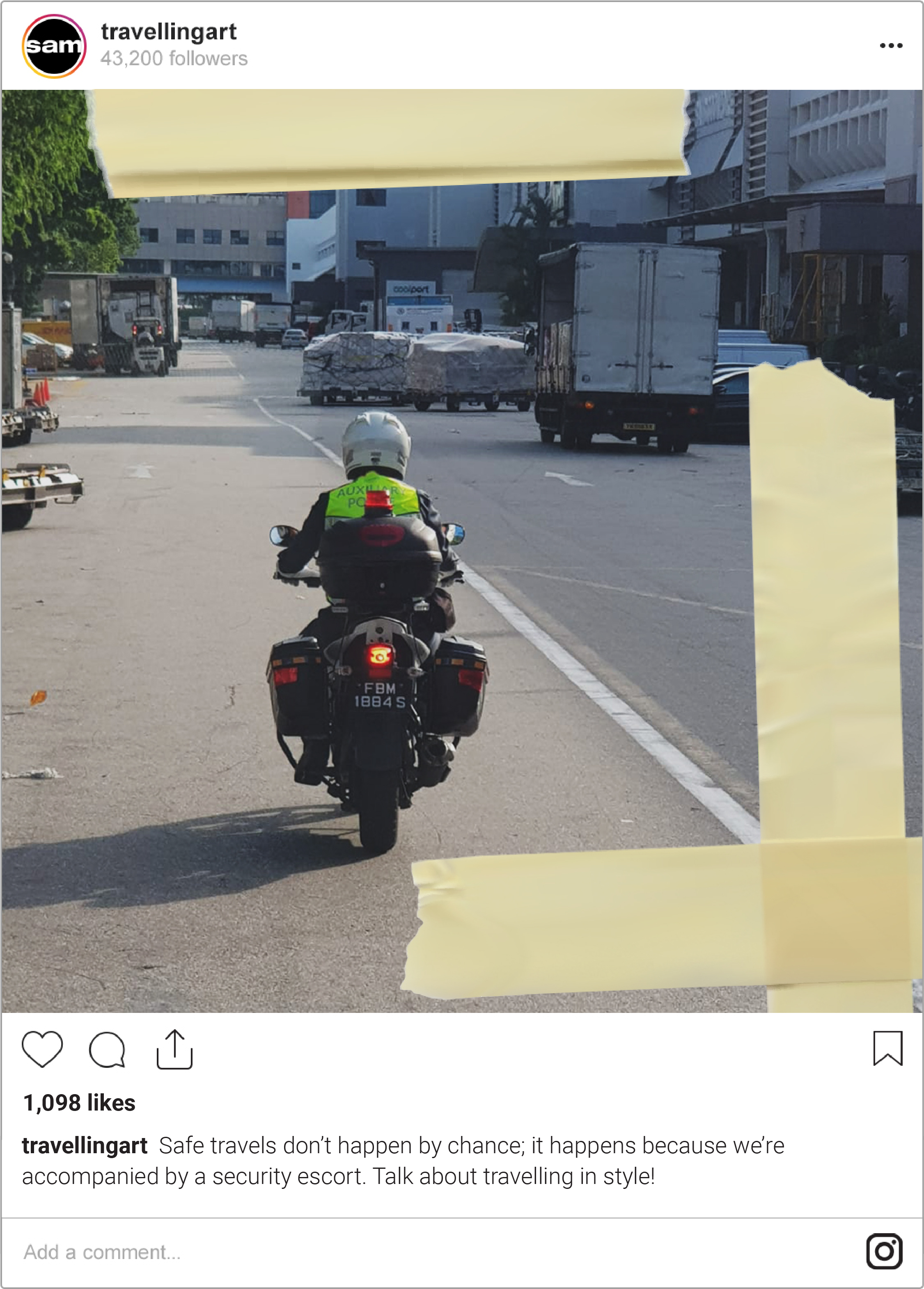 A back view of a security officer riding a motorbike to escort the truck carrying the artworks.
