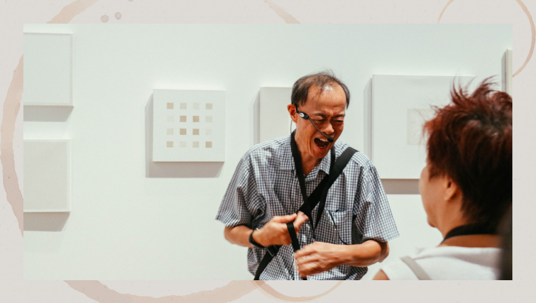Mr Goh in front of Min Thein Sung’s artwork at Singapore Biennale 2019